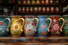 a group of colorful vases