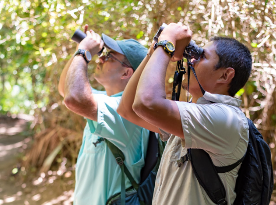a couple of men looking through binoculars