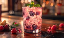 a glass of pink drink with berries and mint leaves