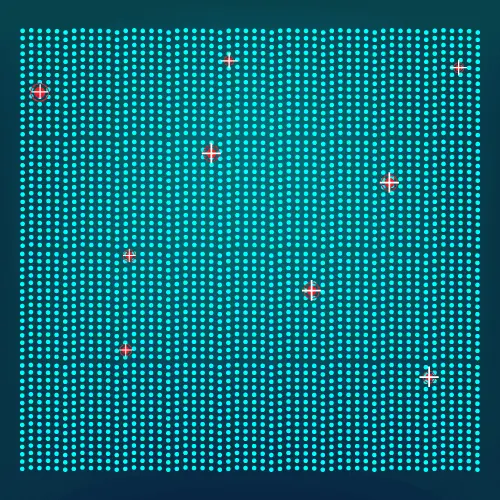 a blue square with red dots