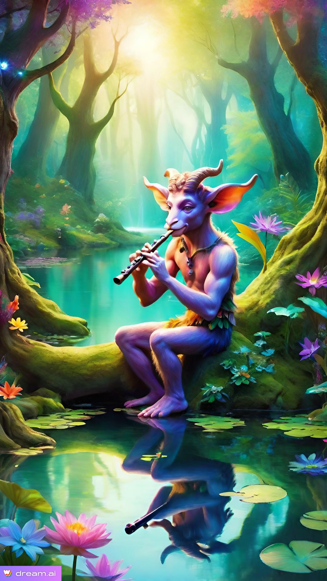 a cartoon character playing a flute in a forest