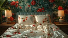 a bed with a floral print blanket