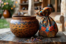 a pot and bag on a table