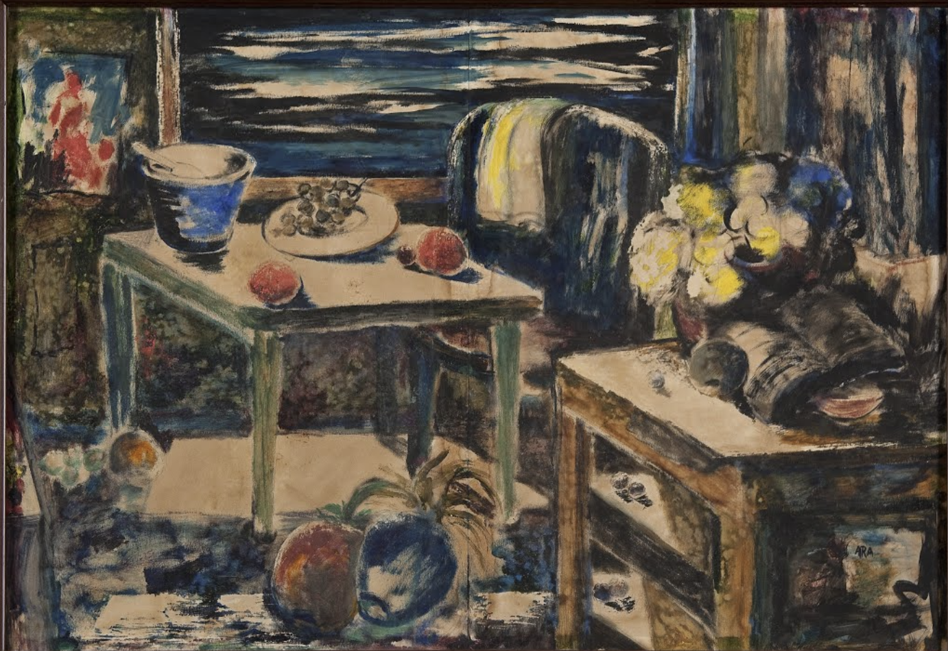 a painting of a table and fruit on a table