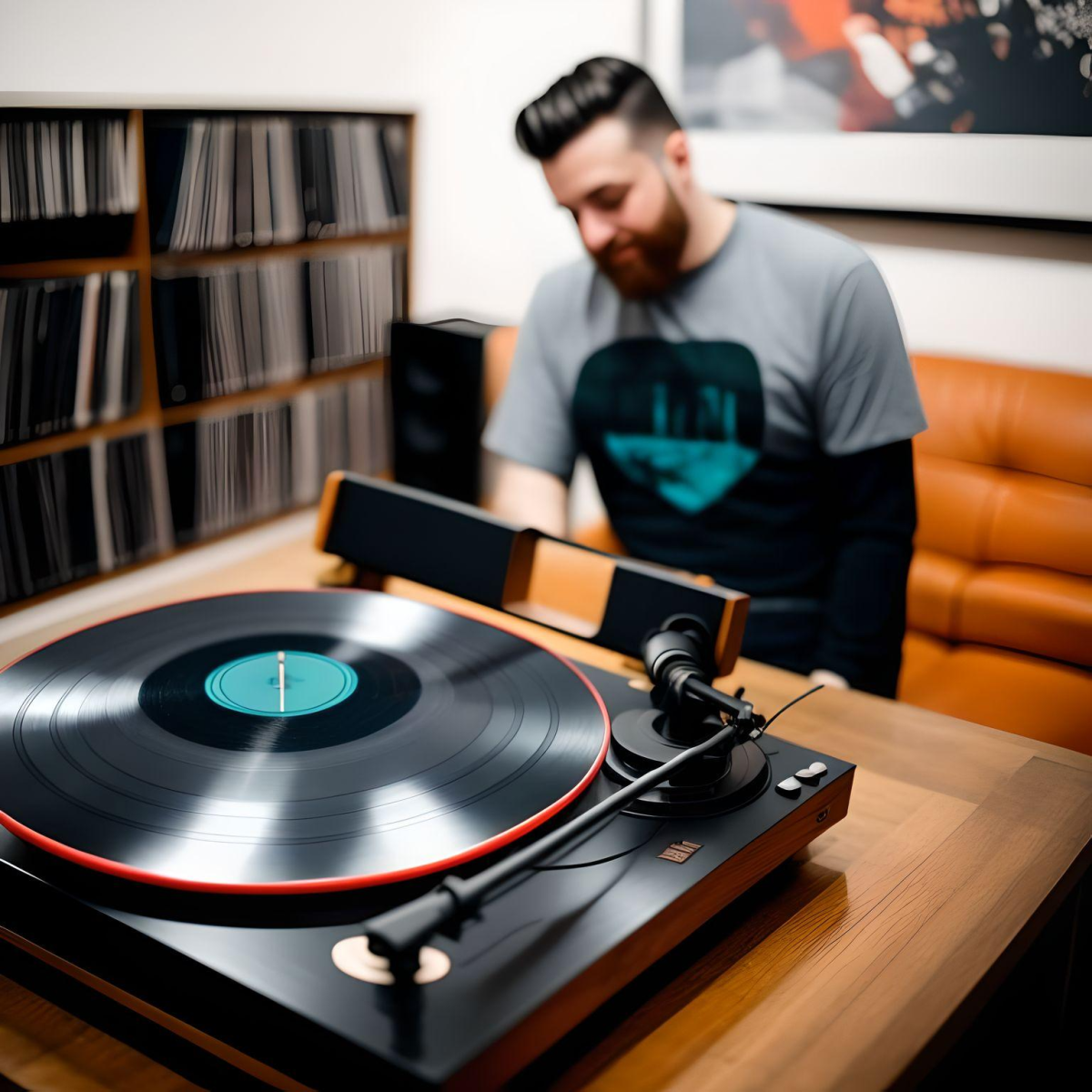 a man sitting in front of a record player
