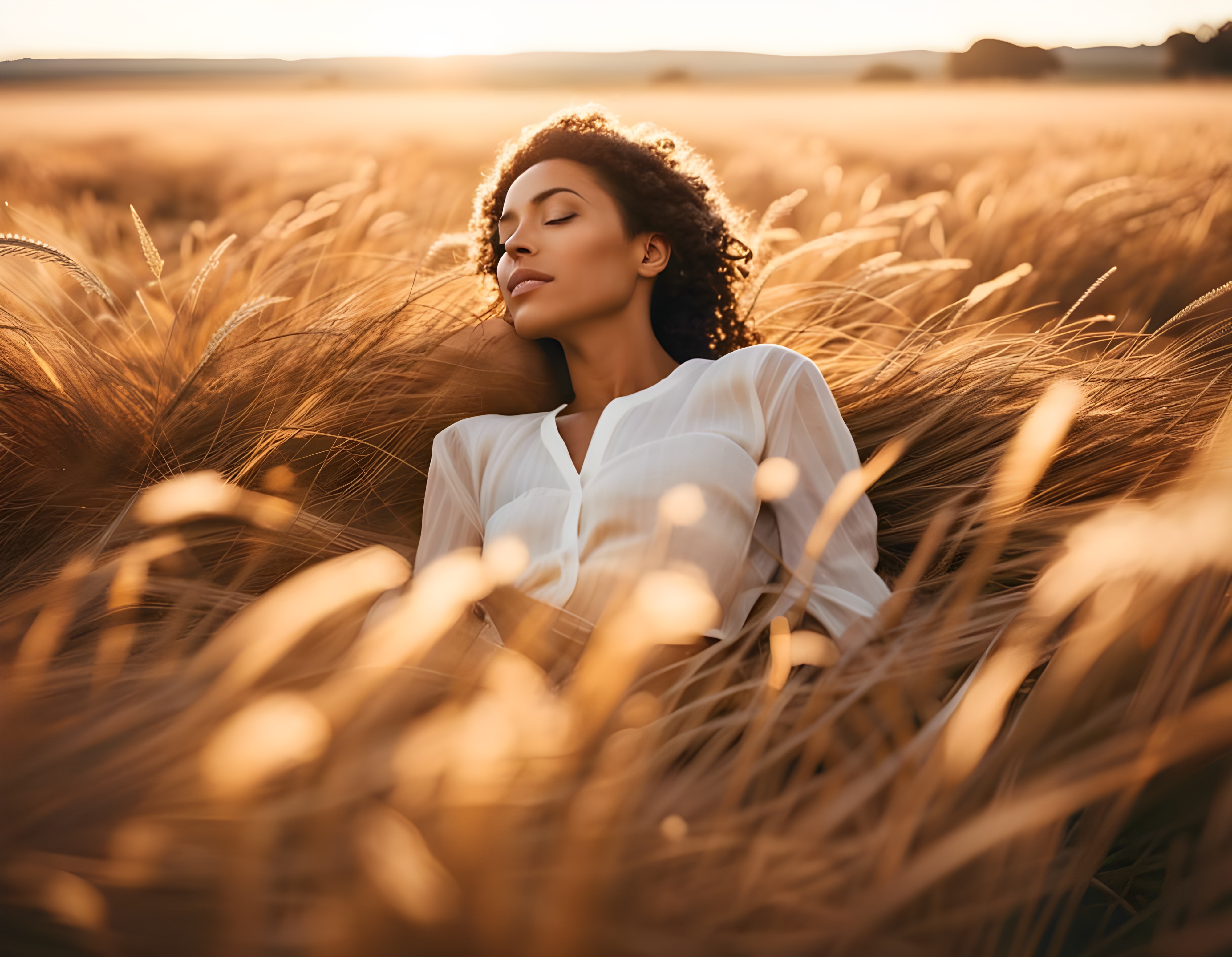 a woman sitting in a wheat field