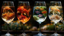 a group of wine glasses with fish in them