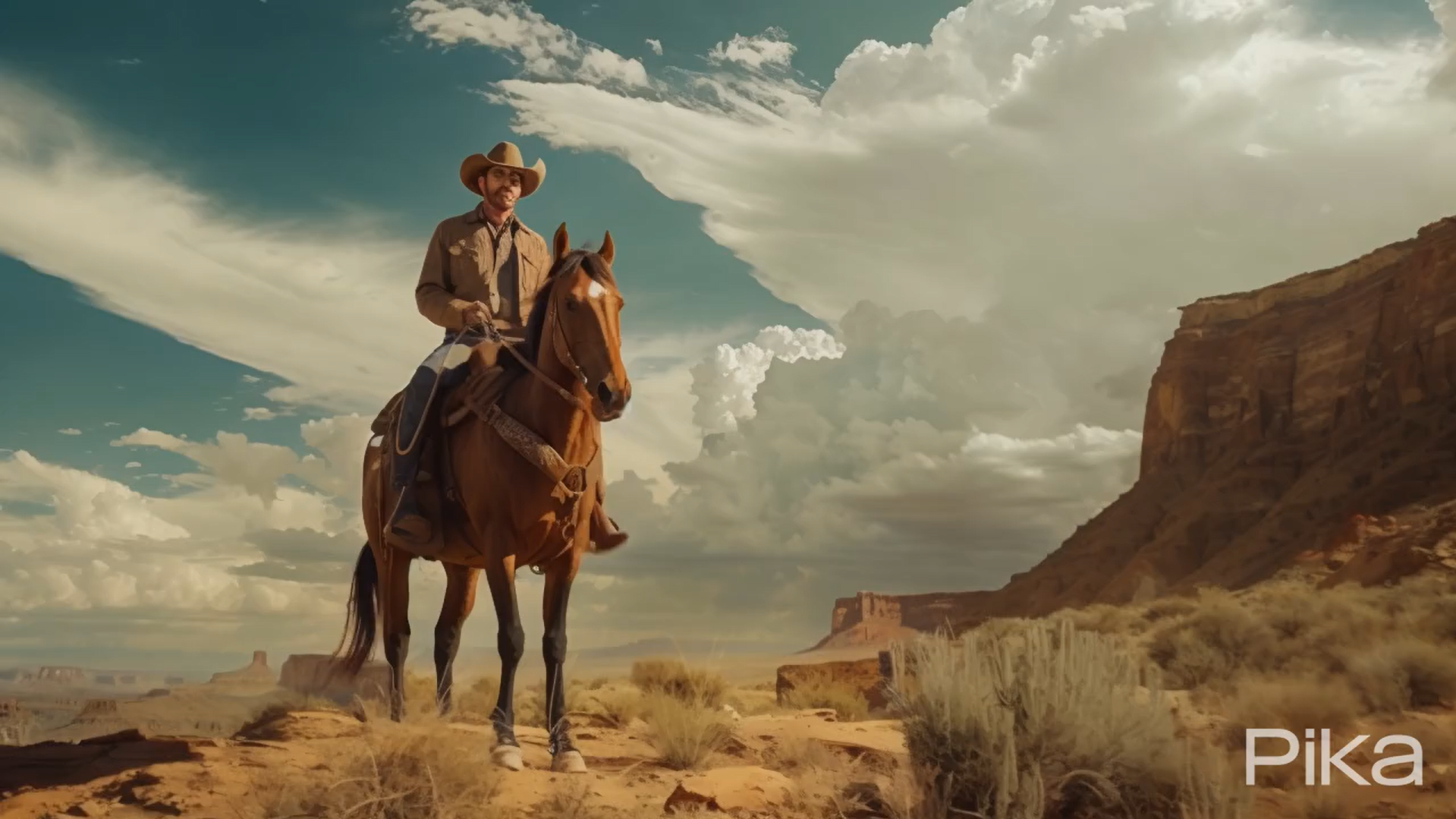 a man riding a horse in the desert