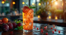 a glass of orange liquid with ice and fruit on a table