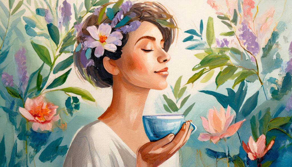 a woman holding a cup with flowers in her hair