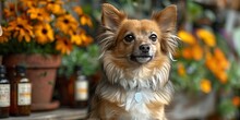 a dog sitting in front of flowers