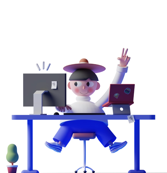 cartoon character sitting at a desk with a computer