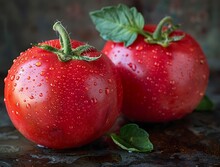 two tomatoes with leaves on them