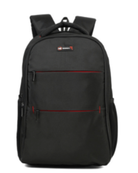 a black backpack with red trim