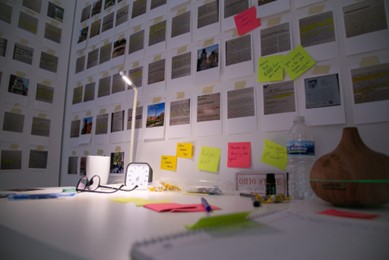 a desk with post-it notes and a lamp