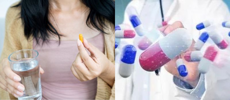 a woman holding a pill and a woman holding a pill