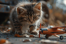 a cat walking next to a toy airplane