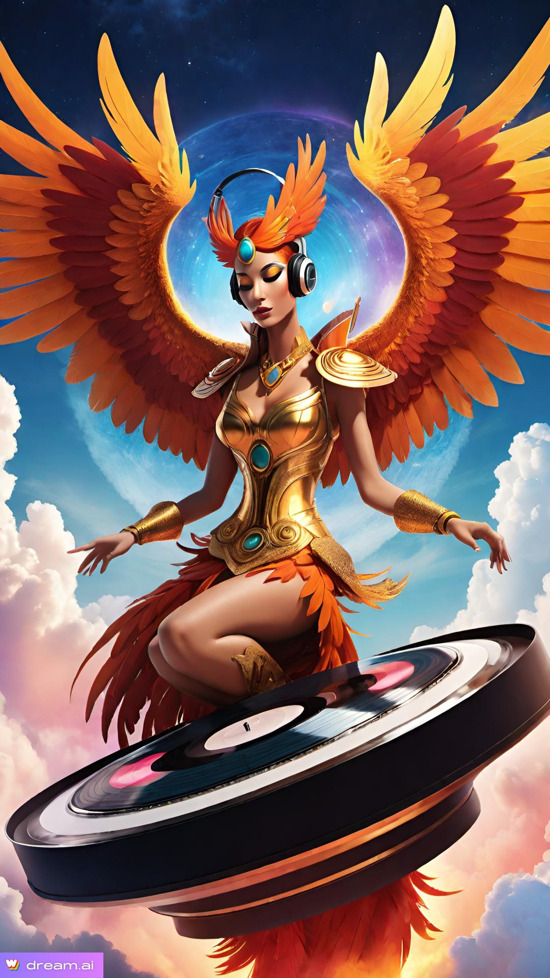 a woman wearing headphones and a garment with wings