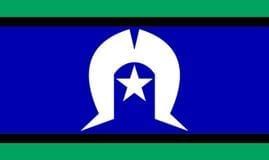 a blue and green rectangle with a white logo and a star with Torres Strait Islands in the background