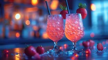 two glasses with straws and strawberries on a bar