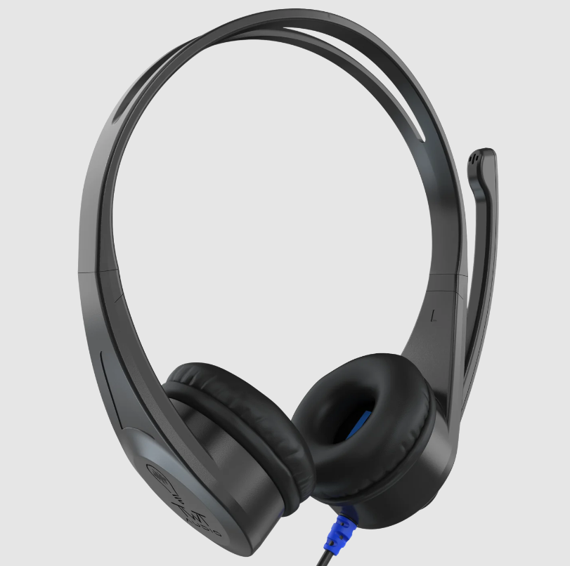 a black headphones with a blue cord