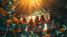 a group of people sitting on a blanket in the woods