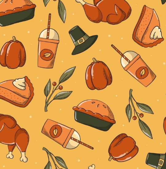 a pattern of food and drinks