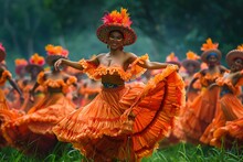 a group of women in orange dresses