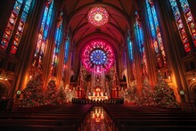 a church with lights and trees