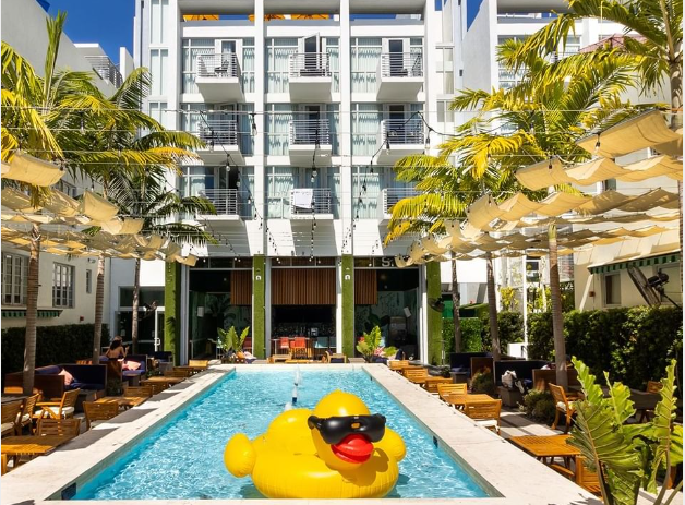a pool with a yellow rubber duck in it