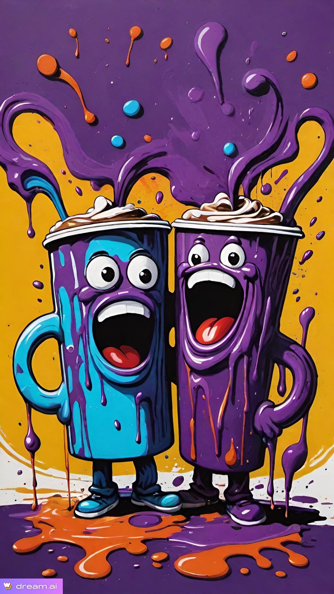 a cartoon of two cups with purple liquid splashing