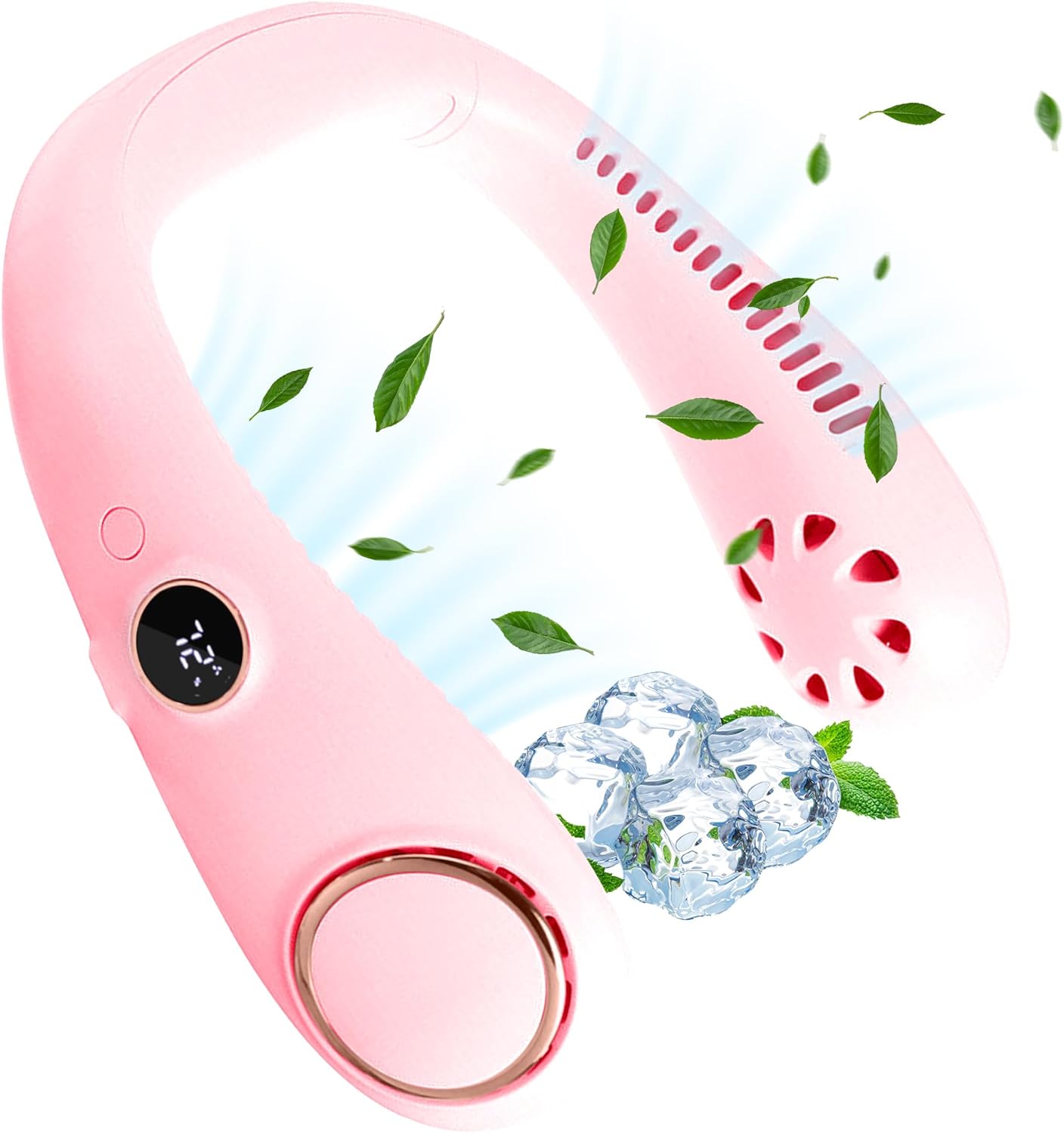 a pink device with ice cubes and leaves flying out of it