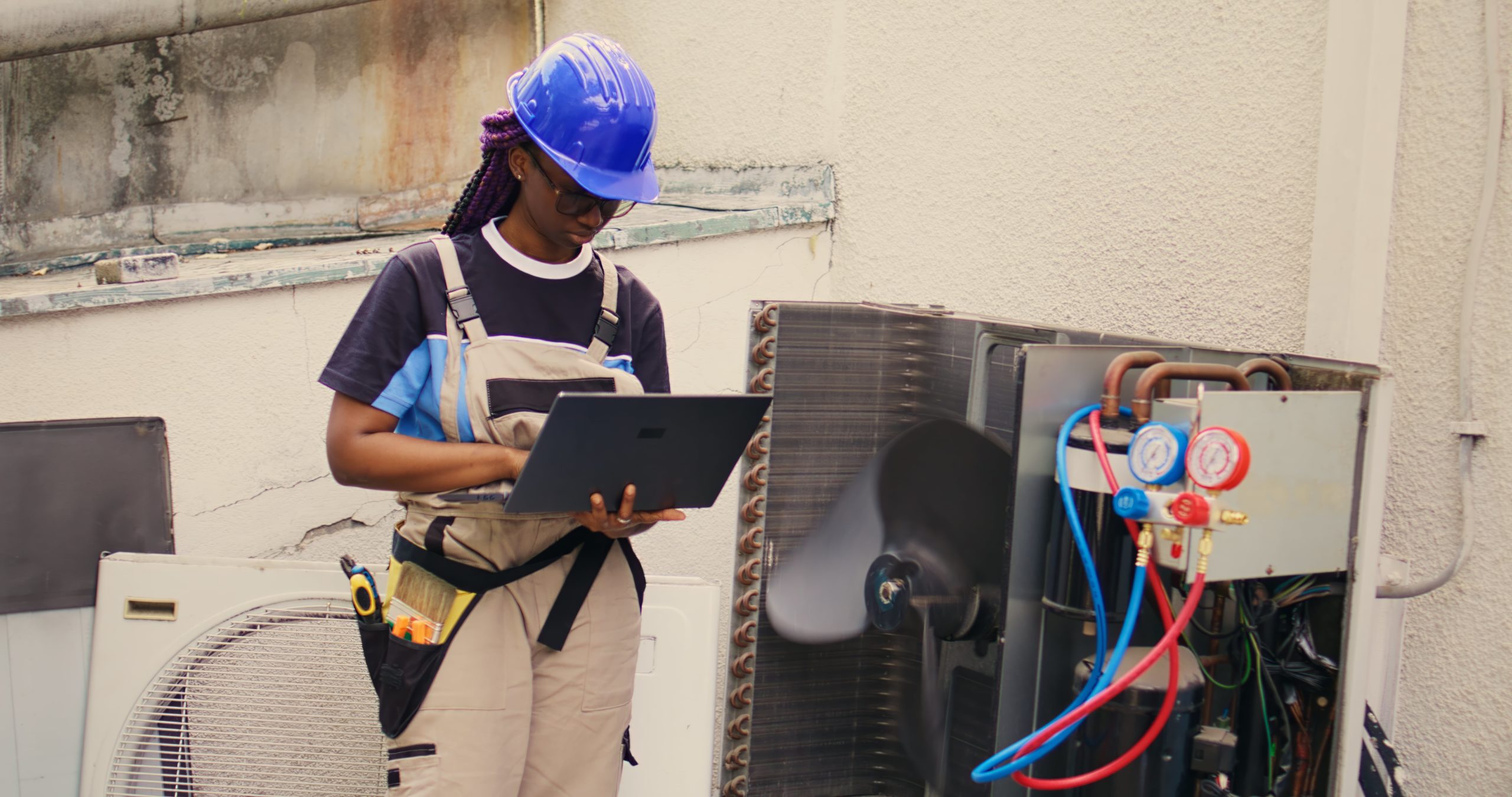 a woman wearing a hard hat and holding a laptop