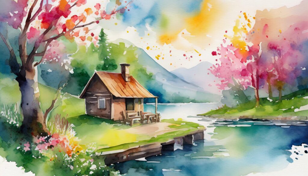 a watercolor painting of a house on a dock by a lake