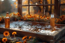 a tub with bubbles and bubbles in a window