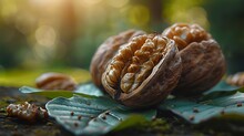 a walnuts on a leaf