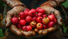 a person holding a pile of red berries