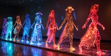 a group of people walking in lights