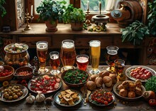 a table full of food and drinks