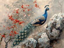 a peacock on a rock