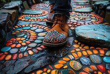 a person's foot on a colorful stone walkway