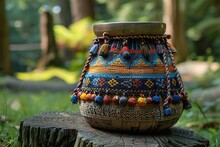 a colorful pot on a stump