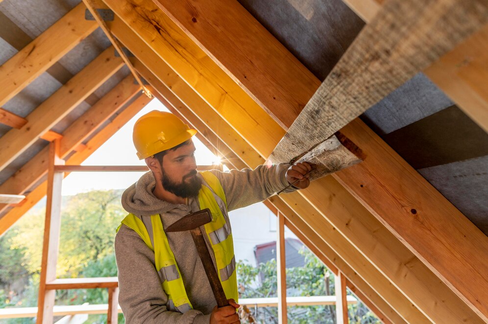 a man holding a hammer in a roof