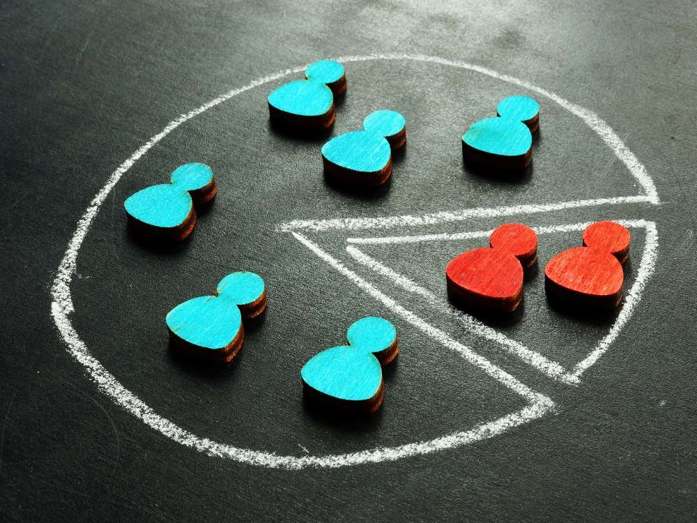 a pie chart drawn on a chalkboard with blue and red figures