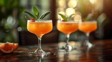 a group of glasses with orange liquid and leaves on them