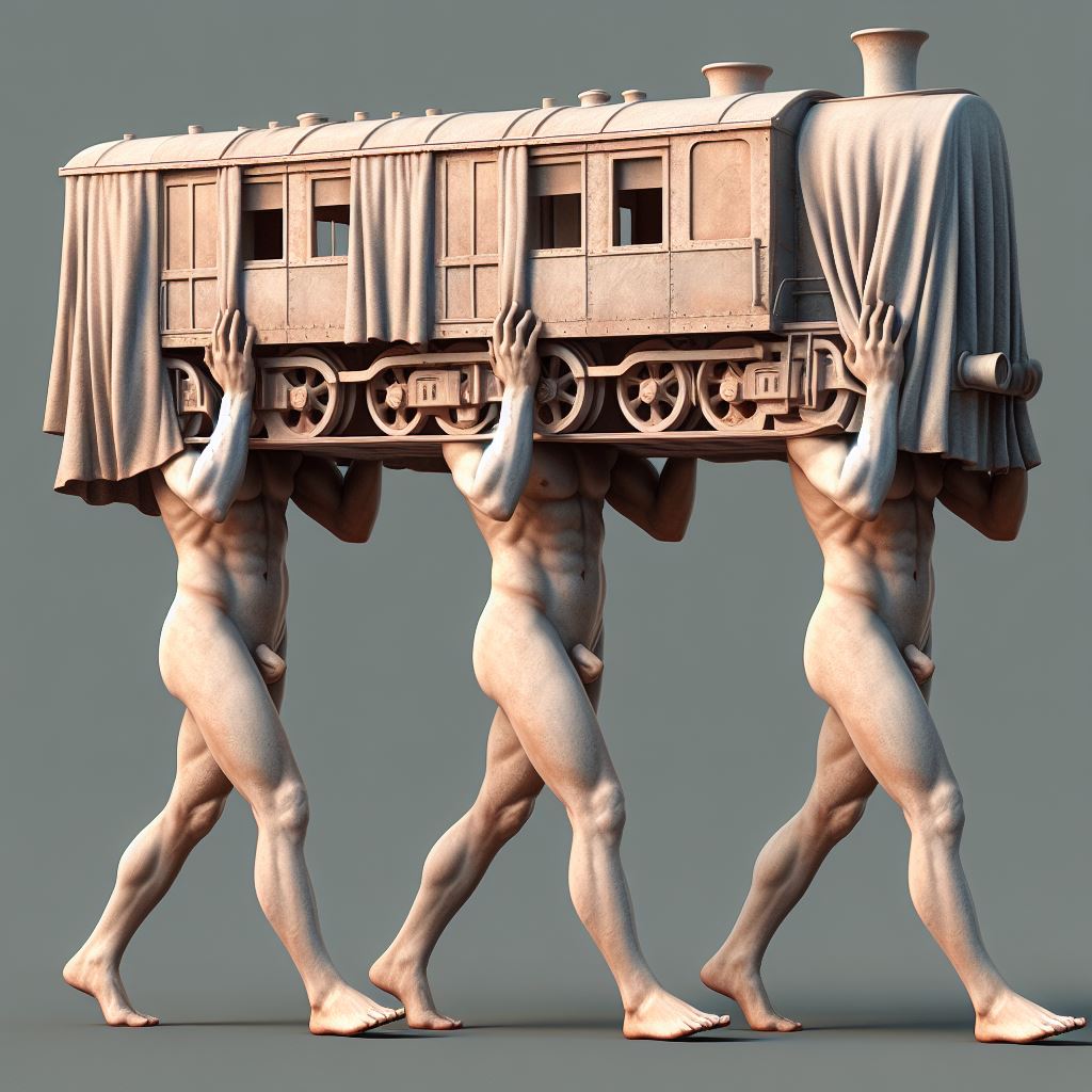 a statue of men carrying a train