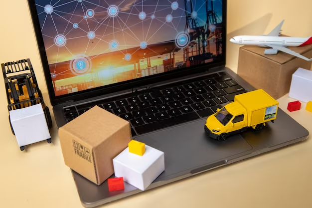 a laptop with a toy truck and boxes on it