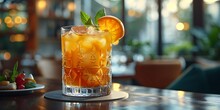 a glass of ice tea with orange slices and leaves