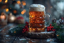 a glass mug of beer with a foamy top and a branch of berries