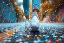 a person's feet in white shoes walking on a sidewalk